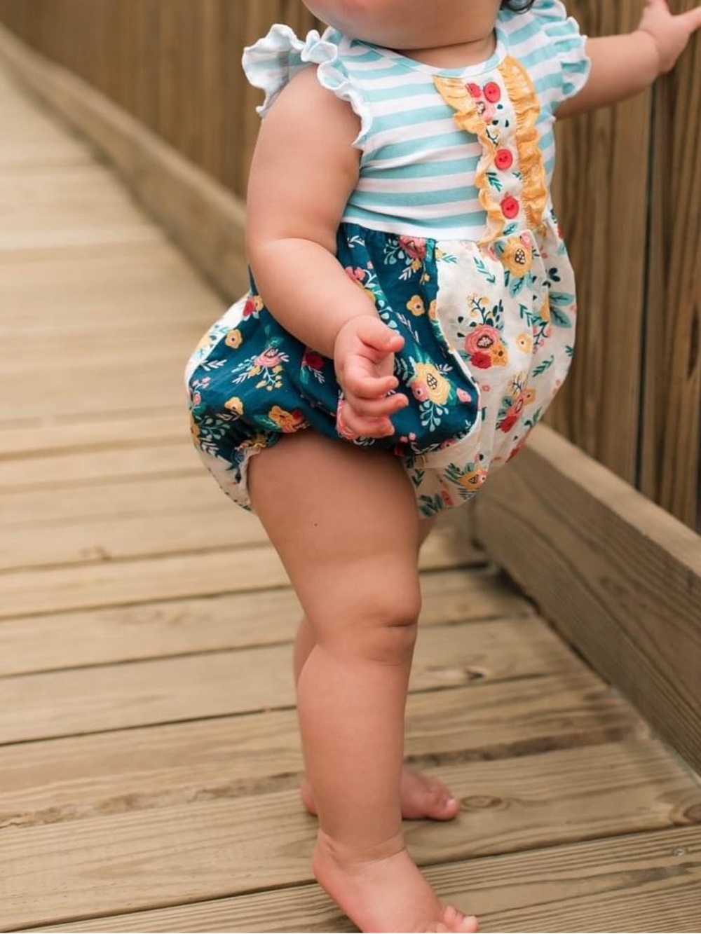 Ricrac & Ruffles - Striped & Floral Baby Romper with Yellow Accents